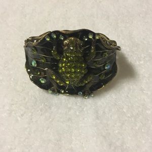 Frog bracelet, green, gold band with stones